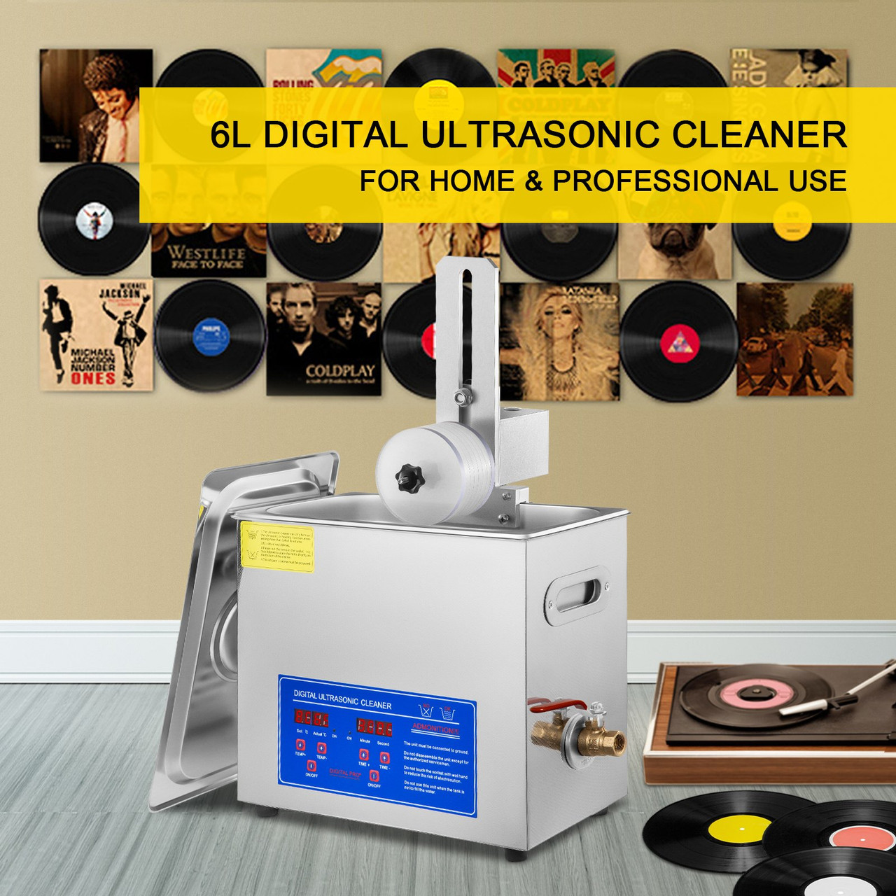 Ultrasonic Cleaner 6L Ultrasonic Vinyl Cleaner 7-12 Inch 8 Records Ultrasonic Vinyl Cleaning Machine 180W Ultrasonic Records Cleaner with Drying Rack for Home Store
