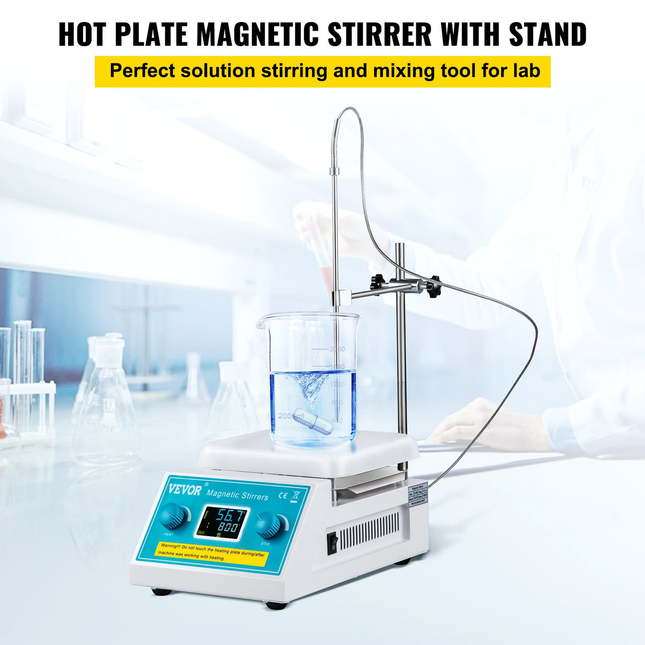 Magnetic Stirrer Hot Plate, 2000ml Stirring Capacity Max 572°F Heating Hotplate Magnetic Stirrer 200-2000 RPM Magnetic Stirrer Magnetic Mixer with Support Stand Stirring Bar for Lab College