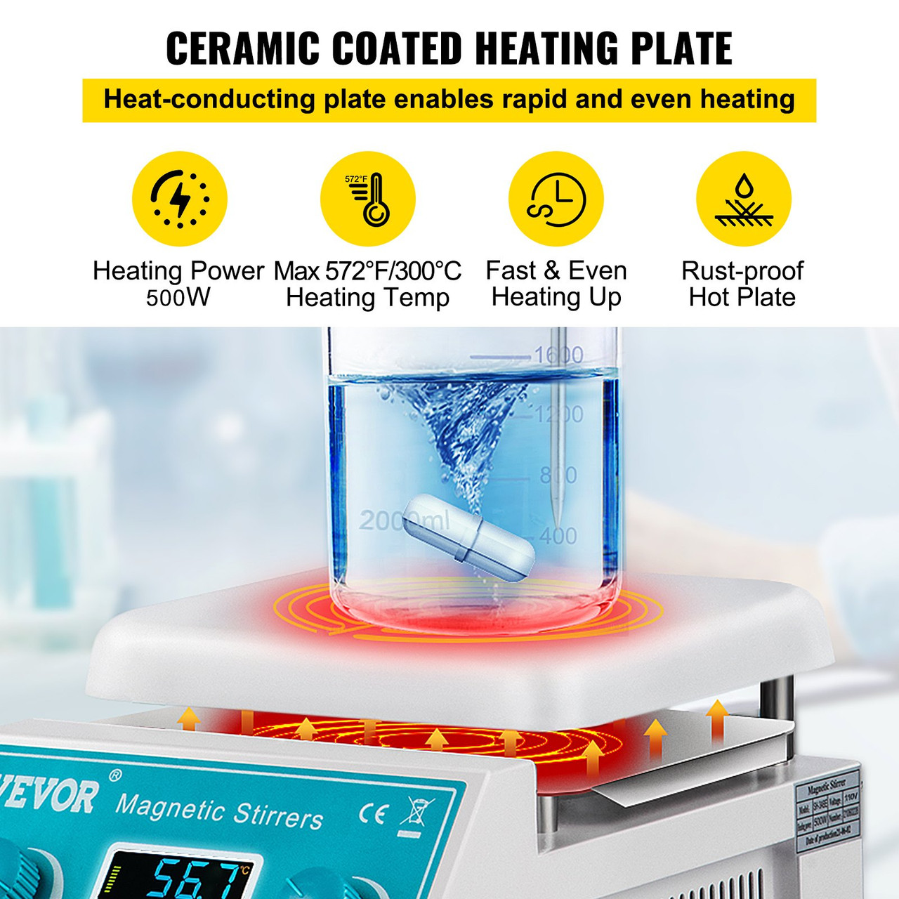 Magnetic Stirrer Hot Plate, 2000ml Stirring Capacity Max 572øF Heating Hotplate Magnetic Stirrer 200-2000 RPM Magnetic Stirrer Magnetic Mixer with Support Stand Stirring Bar for Lab College