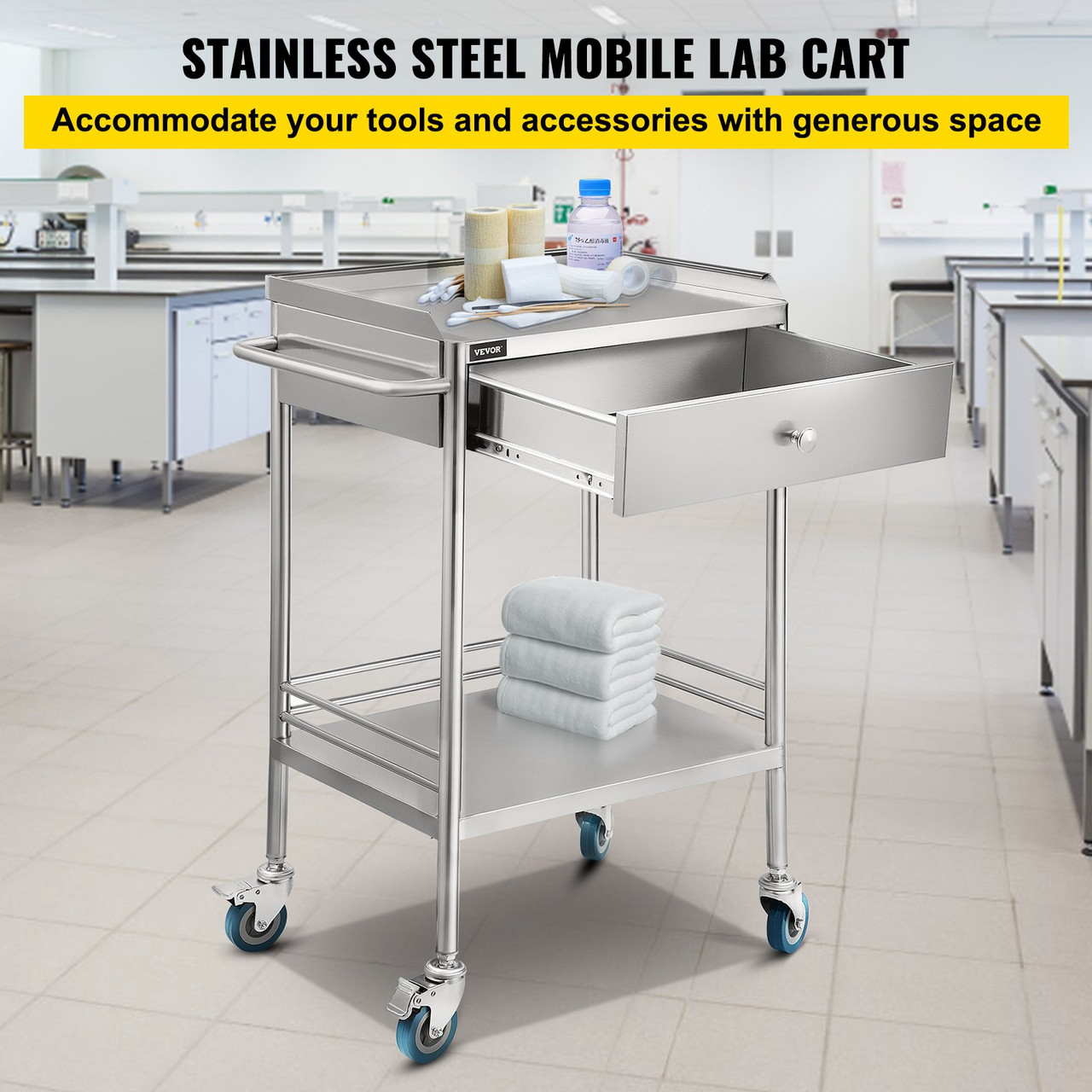 Shelf Stainless Steel Utility Cart Catering Cart with Wheels Medical Dental Lab Cart Rolling Cart Commercial Wheel Dolly Restaurant Dinging Utility Services (2 Shelves/ 1 Drawer)