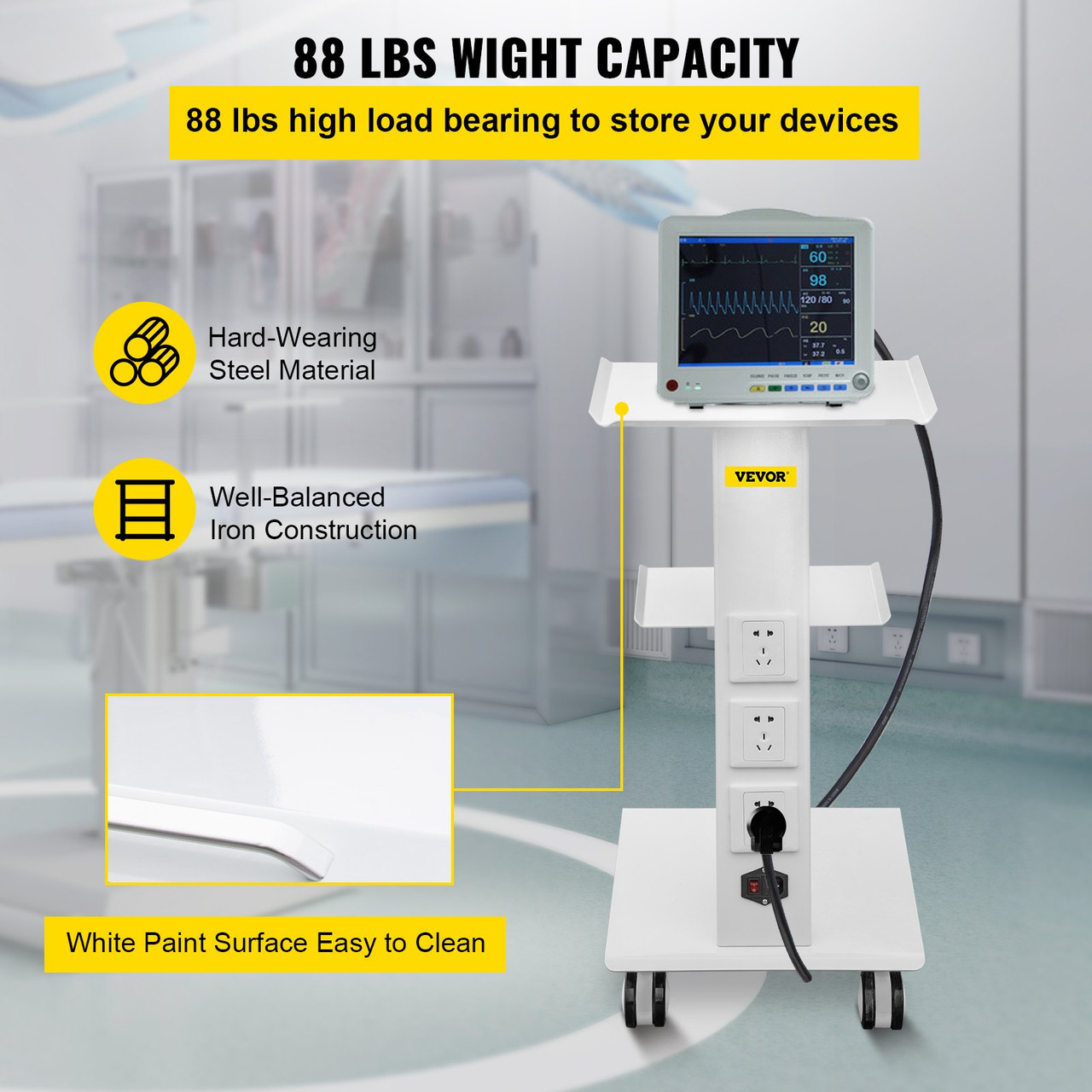 Lab Trolley, Built-in Socket Rolling Lab Cart, 3 Layers Tray Rolling Clinic Cart, 360ø Silent Rolling Wheels w/ Foot Brake, 88 lbs Weight Capacity Sturdy Steel Frame, for Lab Clinic Beauty Salon