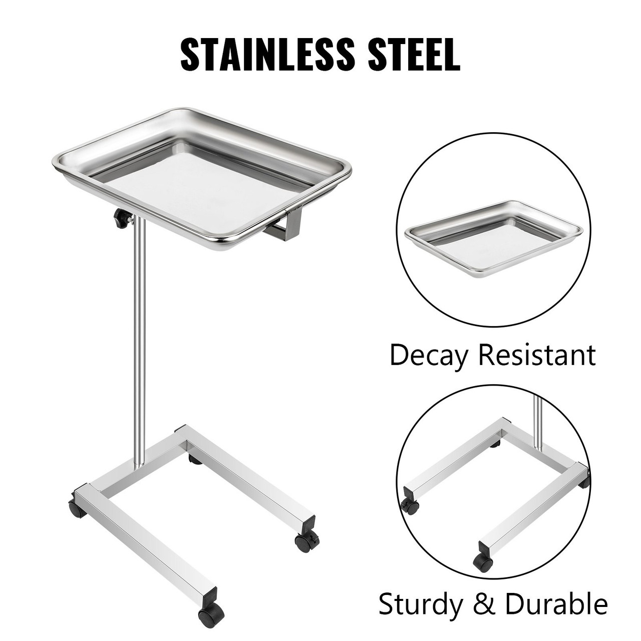 Lab Cart Stainless Steel Mayo Tray Stand 18x14 Inch Trolley Mayo Stand Adjustable Height 32-51 Inch Instrument Tray w/Removable Tray & 4 Omnidirectional Wheels for Home Equipment Personal Care