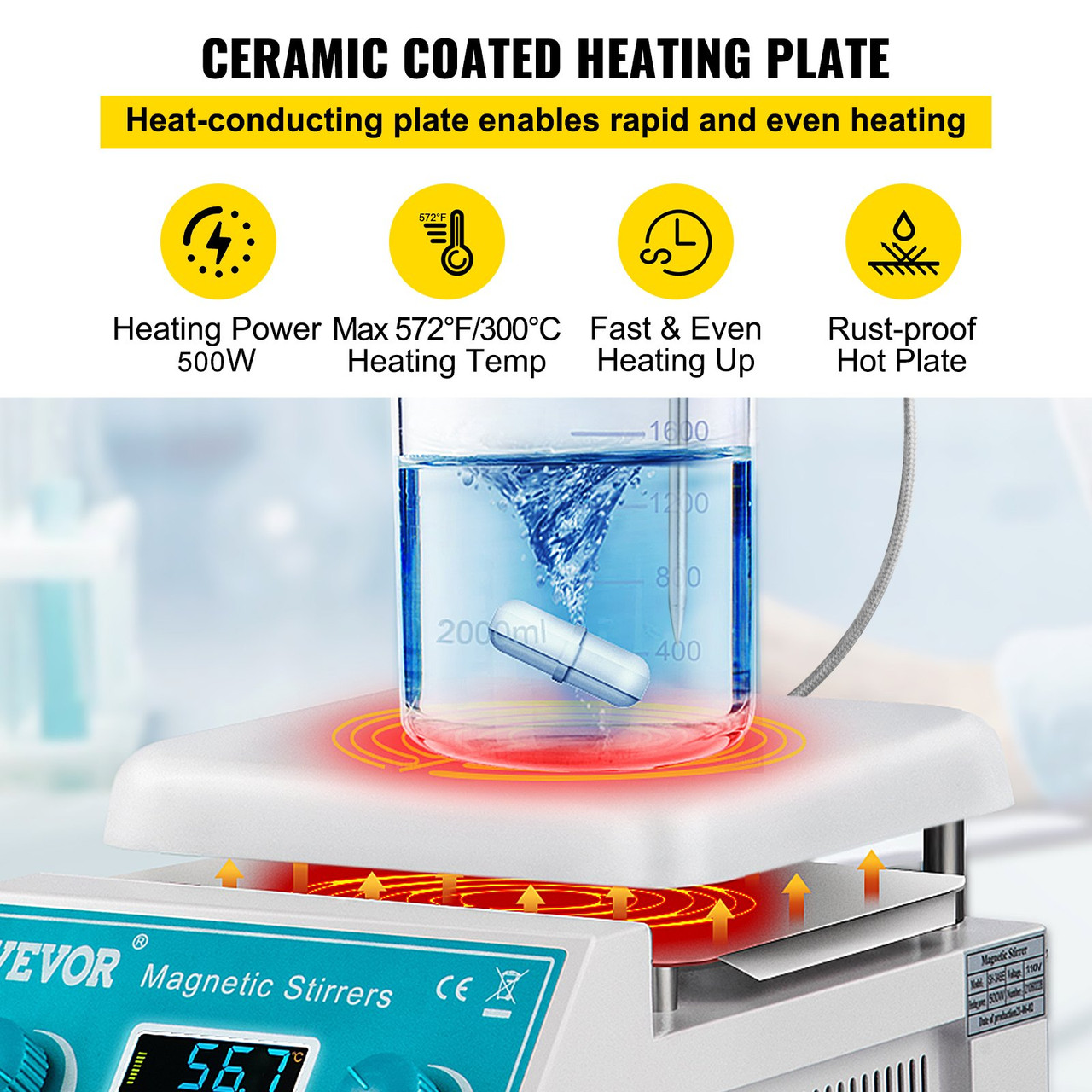 Magnetic Stirrer Hot Plate, 2000ml Stirring Capacity Max 572°F Heating Hotplate Magnetic Stirrer 200-2000 RPM Magnetic Stirrer Magnetic Mixer with Stirring Bar for Lab College Scientific