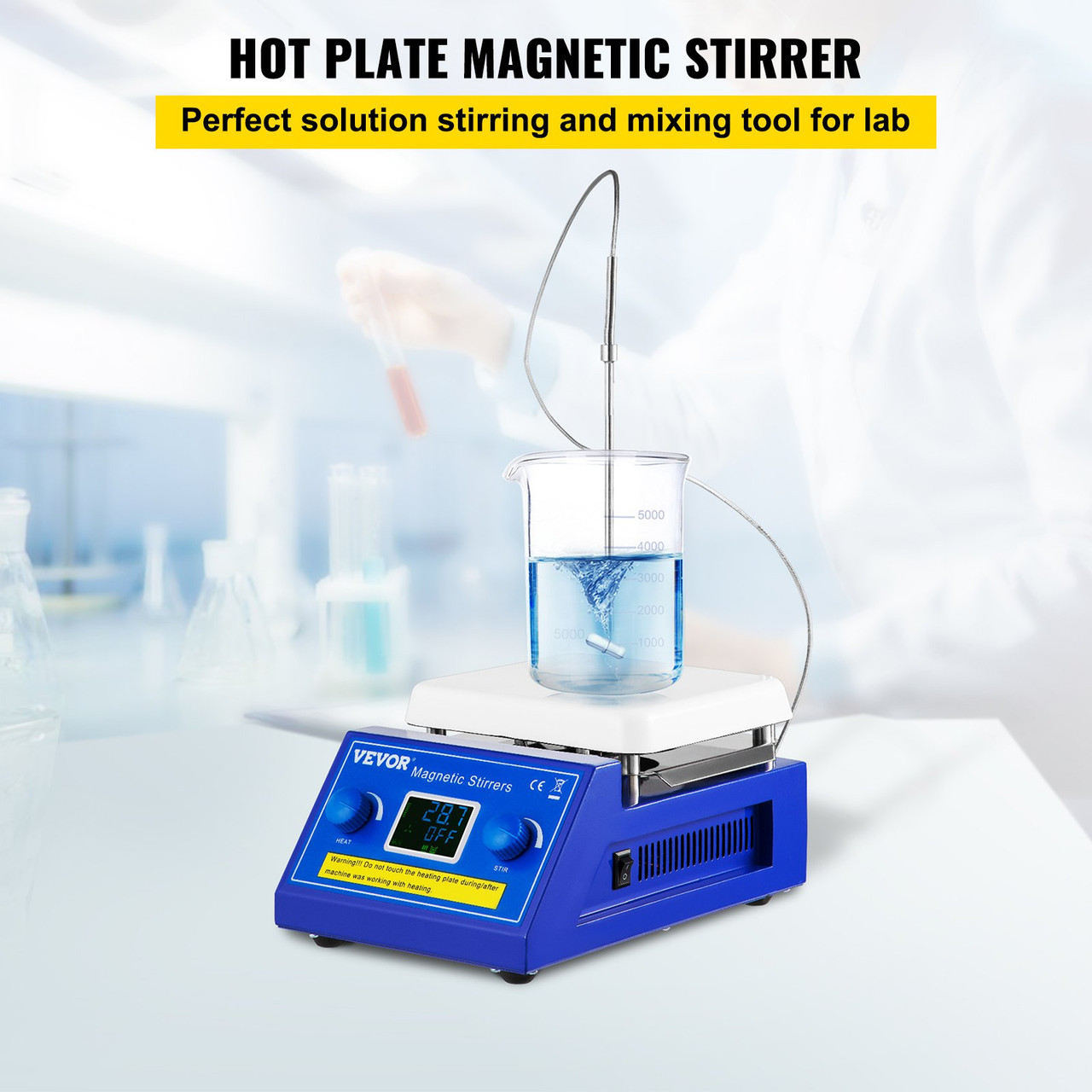 Magnetic Stirrer Hot Plate, 5L Capacity Ceramic Coated Hotplate Lab Stirrer 200-2000RPM 608°F/320°C Max Temp Digital Magnetic Stirrer with Temp Probe Sensor and Stirring Bar