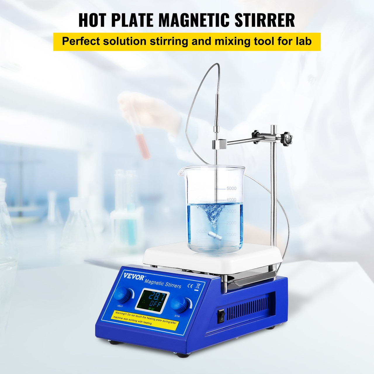 Magnetic Stirrer Hot Plate, 5000ml Capacity 320°C/608°F Max Temp Ceramic Coated Lab Stirrer 200-2000RPM Digital Magnetic Stirrer with Support Stand, Temp Probe Sensor and Stirring Bar