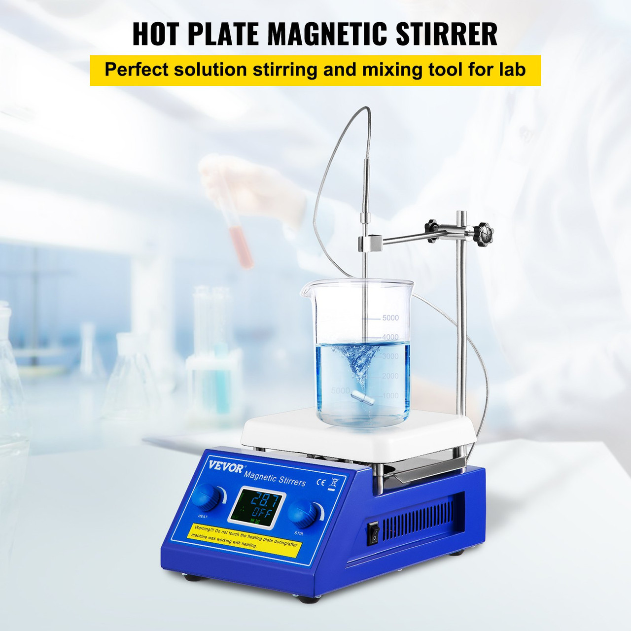 Magnetic Stirrer Hot Plate, 5000ml Capacity 320øC/608øF Max Temp Ceramic Coated Lab Stirrer 200-2000RPM Digital Magnetic Stirrer with Support Stand, Temp Probe Sensor and Stirring Bar