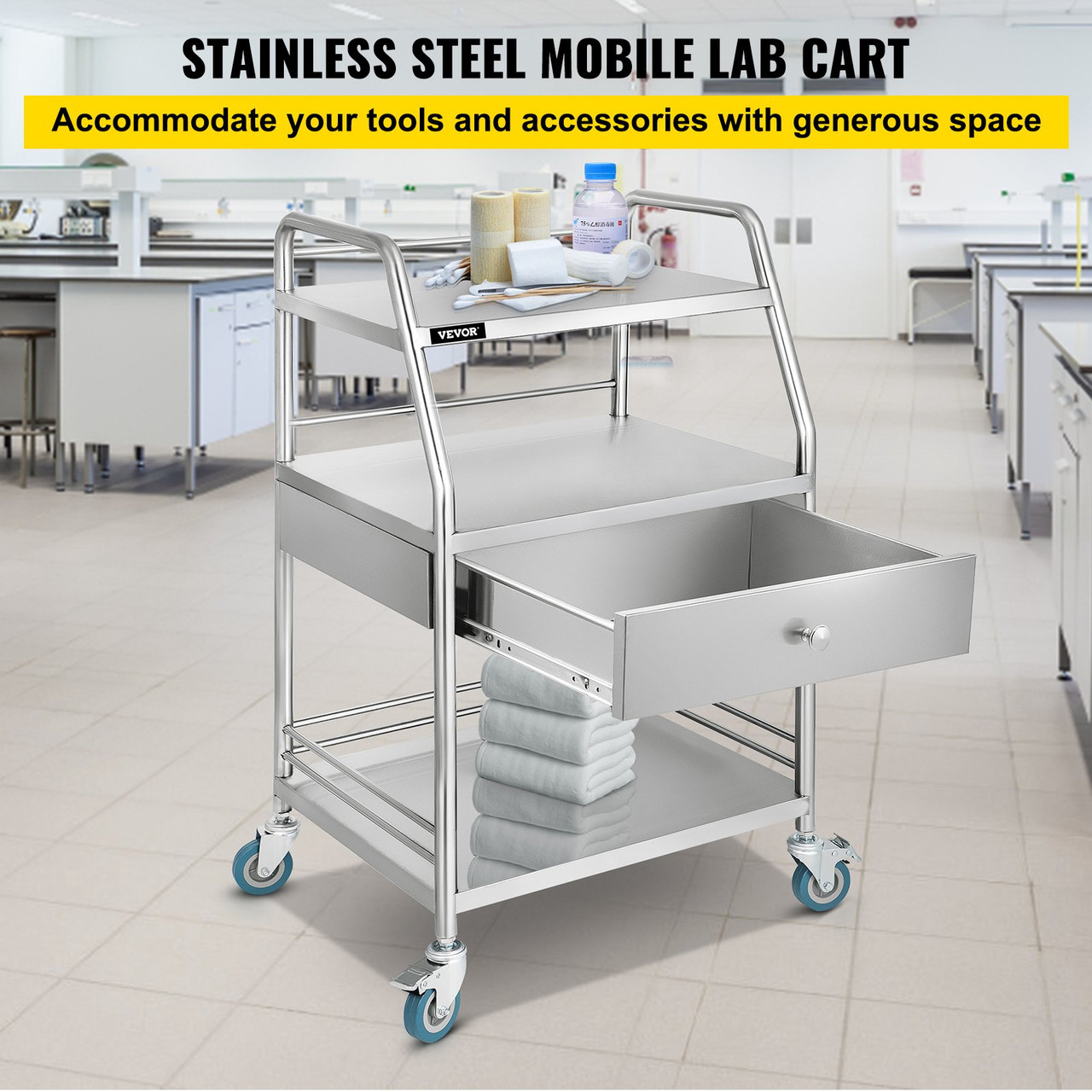 Utility Cart with 3 Shelves Shelf Stainless Steel with Wheels Rolling Cart Commercial Wheel Dental Lab Cart Utility Services (3 Shelves/ 1 Drawer)