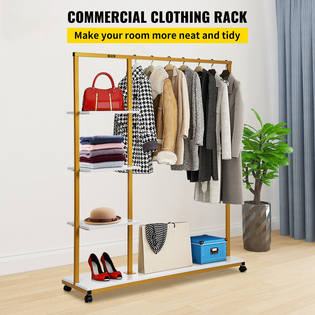 Clothing Garment Rack, 180 LBS Capacity, Heavy-duty Clothes Rack w/ Bottom Shelf & Extra 3 Side Shelves, 4 Swivel Casters, Rolling Clothes Organizer for Laundry Room Retail Store Boutique, Gold