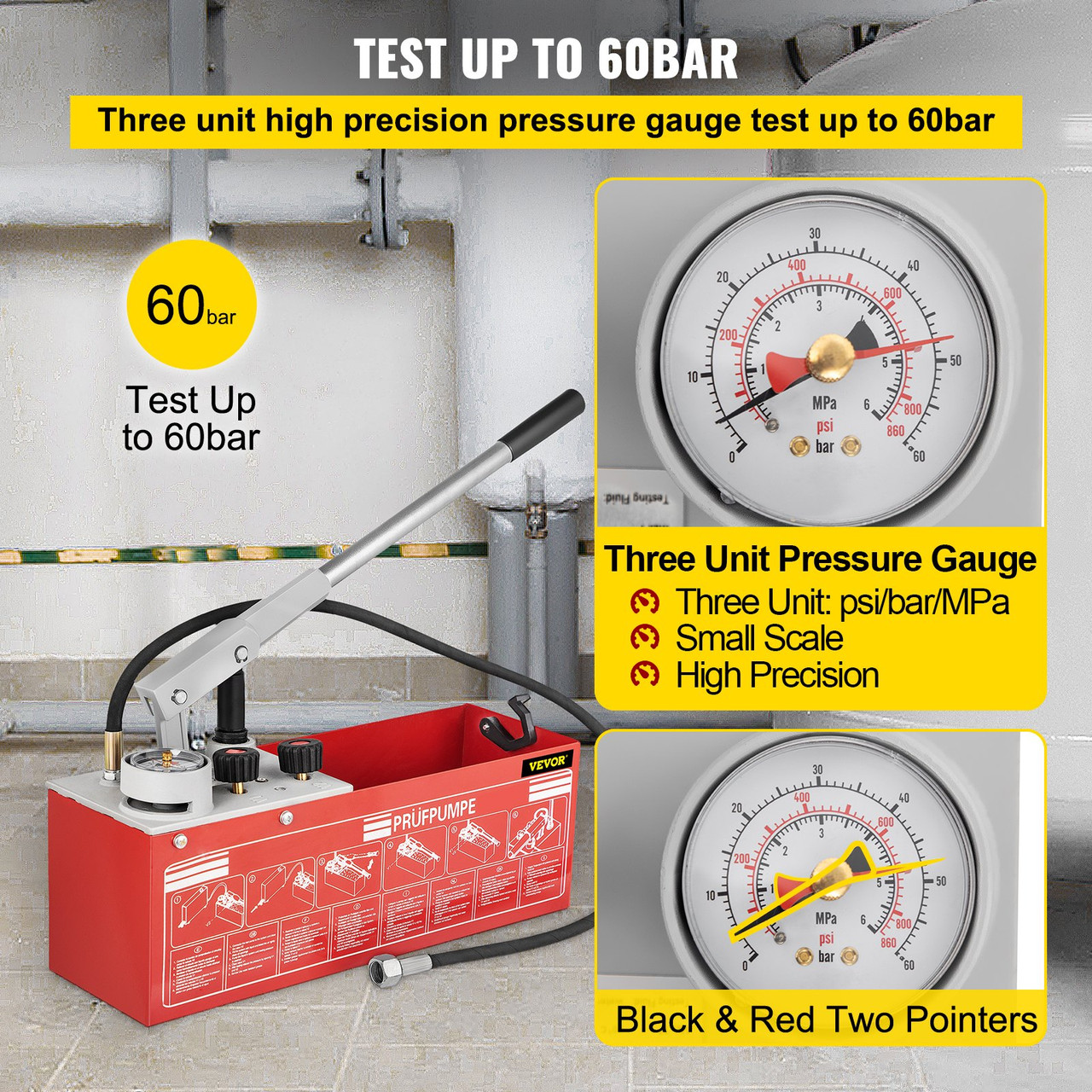 Hydrostatic Pressure Test Pump, Test Up to 60 bar/860 psi, 3.2 Gallon Tank, Hydraulic Manual Water Pressure Tester Kit w/Three-Unit Gauge & R 1/2" Connection for Pipeline Fluid Pressure Testing