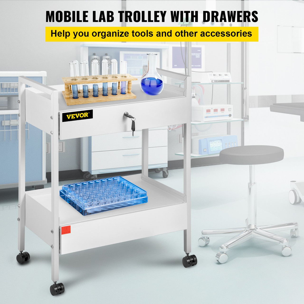 Lab Cart, 2 Tiers Stainless Steel Utility Cart Medical Cart 2 Drawers Rolling Lab Cart White Paint Serving Cart with 360ø Casters for Laboratory Hospital Dental Office Salon Beauty