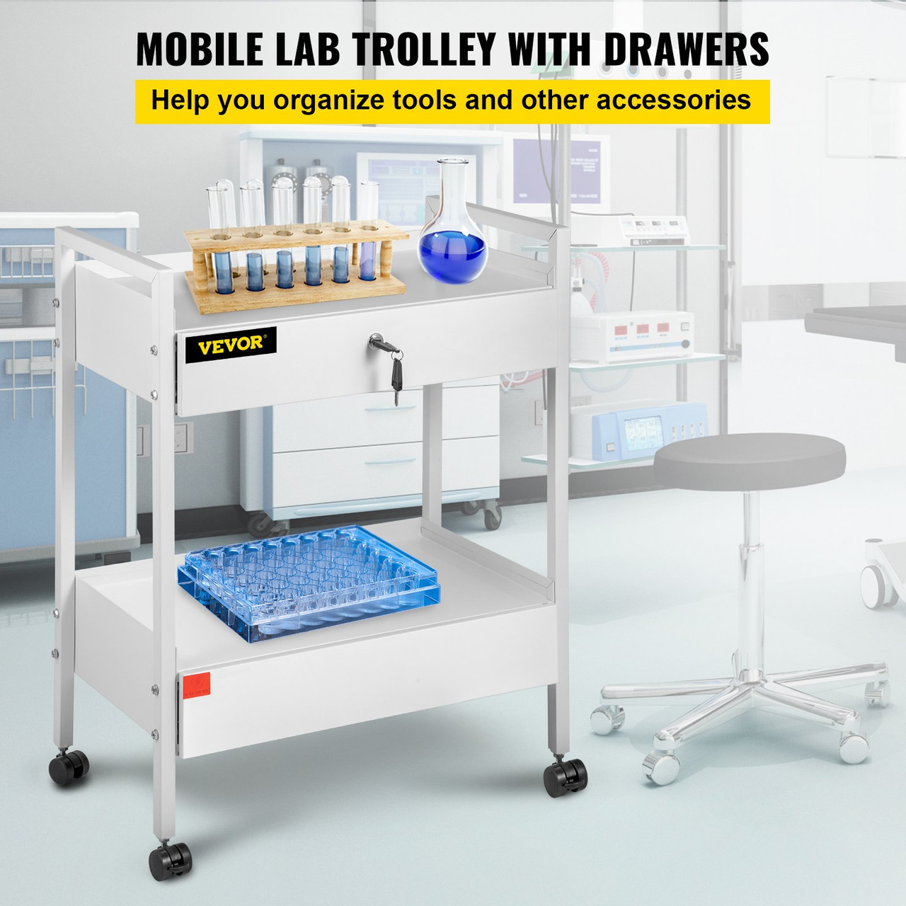 Lab Cart, 2 Tiers Stainless Steel Utility Cart Medical Cart 2 Drawers Rolling Lab Cart White Paint Serving Cart with 360ø Casters for Laboratory Hospital Dental Office Salon Beauty