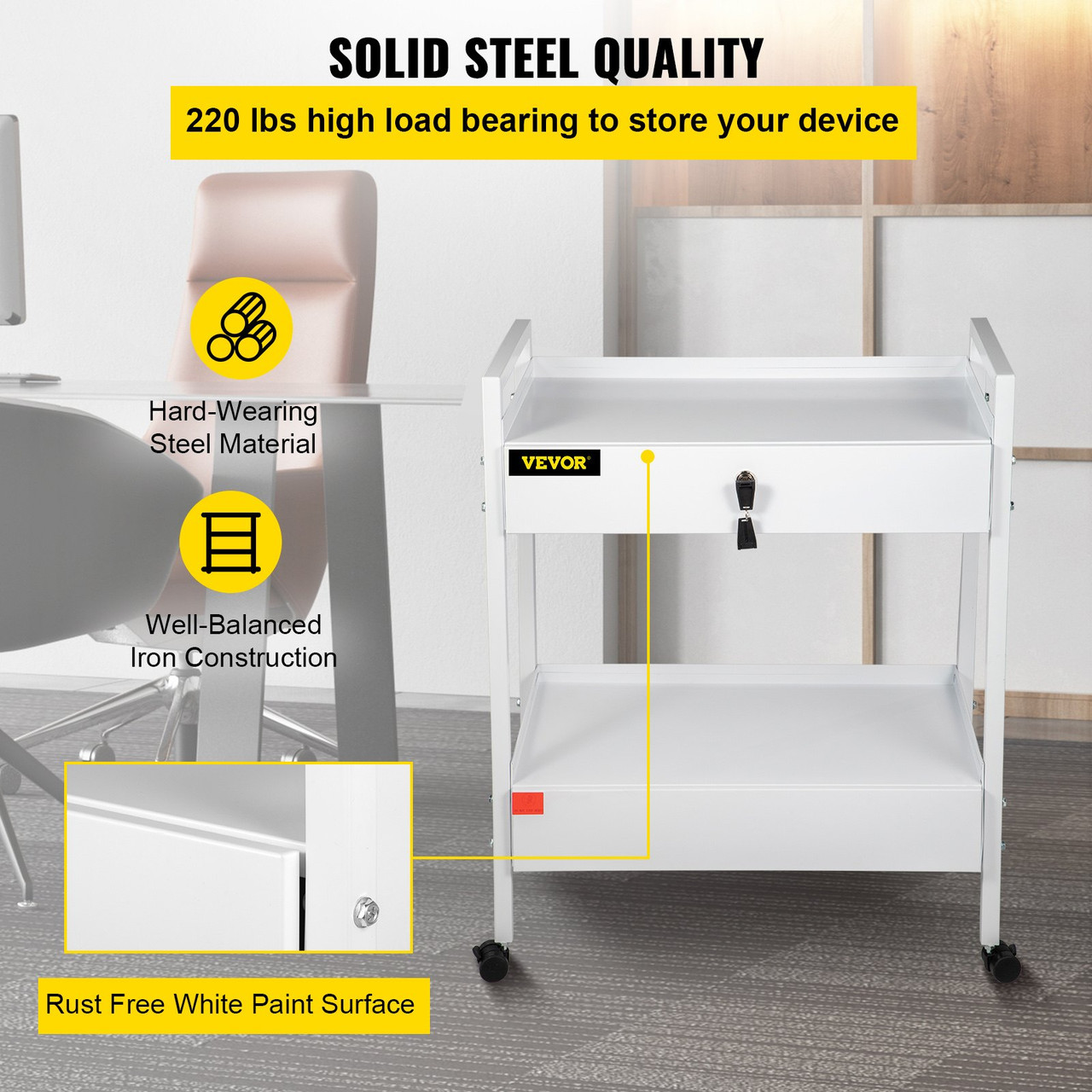 Lab Cart, 2 Tiers Stainless Steel Utility Cart Medical Cart 2 Drawers Rolling Lab Cart White Paint Serving Cart with 360ø Casters for Laboratory Hospital Dental Office Salon Beauty