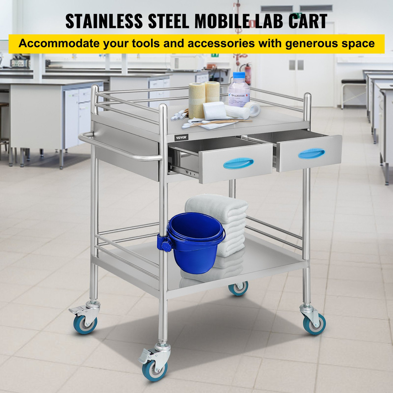 Lab Serving Cart Utility Cart Stainless Steel Medical Cart with Two Drawers for lab Equipment Use Grade I Stainless Steel Utility Services (2 Shelves/ 2 Drawer)