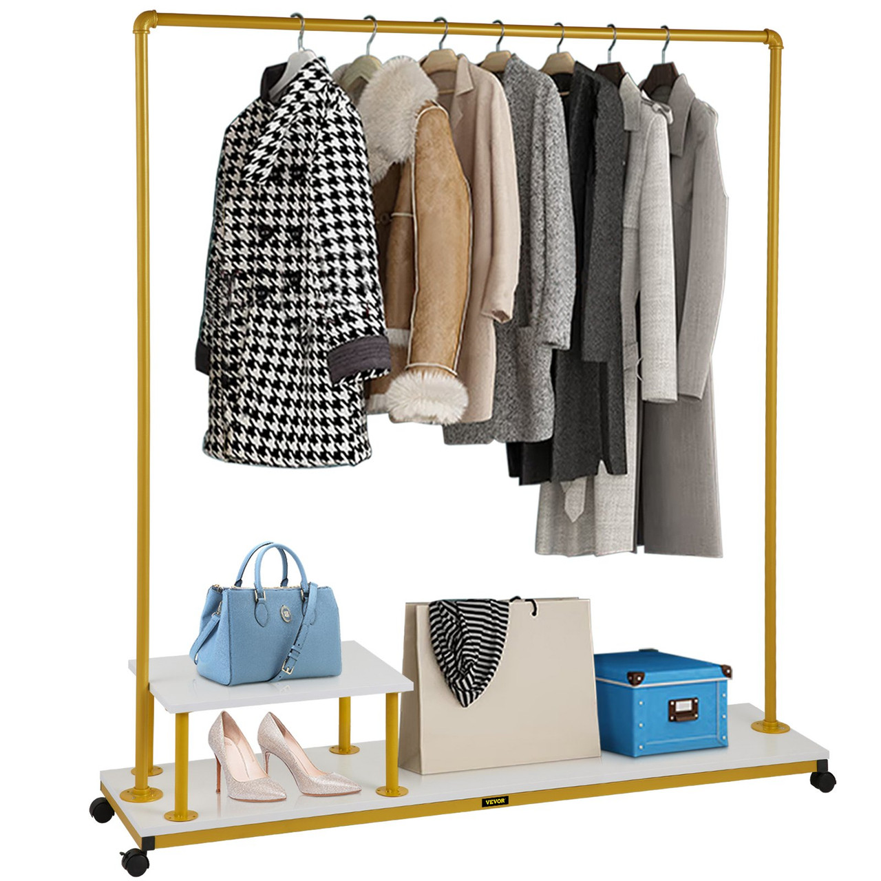 Clothing Garment Rack, 59.1"x14.2"x63.0", Heavy-Duty Clothes Rack w/Bottom Shelf & Side Shelf, 4 Swivel Casters, Sturdy Steel Frame, Rolling Clothes Organizer for Retail Store Boutique, Gold