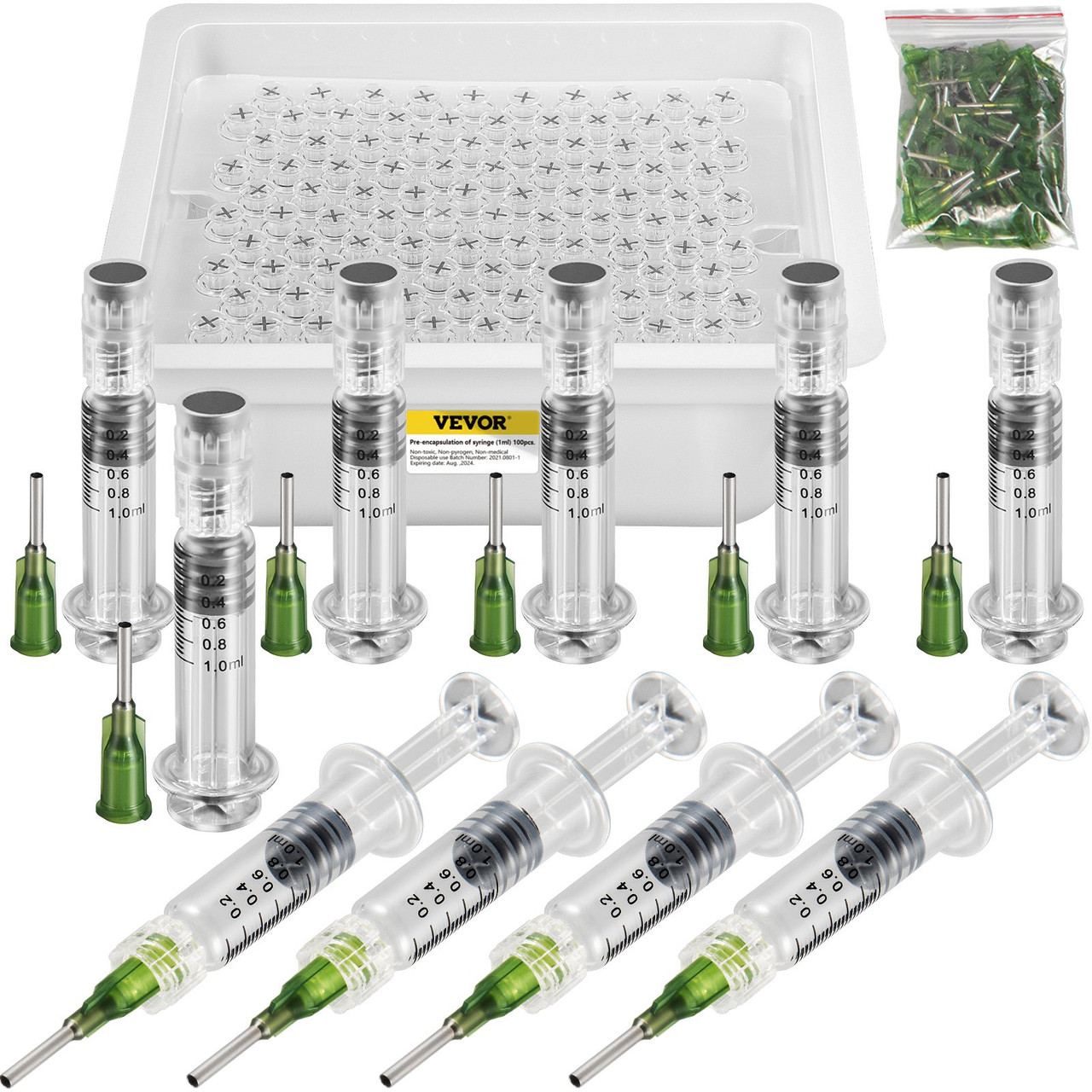 VEVOR 100 Pcs Borosilicate Glass Luer Lock Syringe, 1ml, Reusable Glass Syringes with 14 GA Blunt Tip Needles, for Lab, Vet, Art, Craft, Thick Liquids