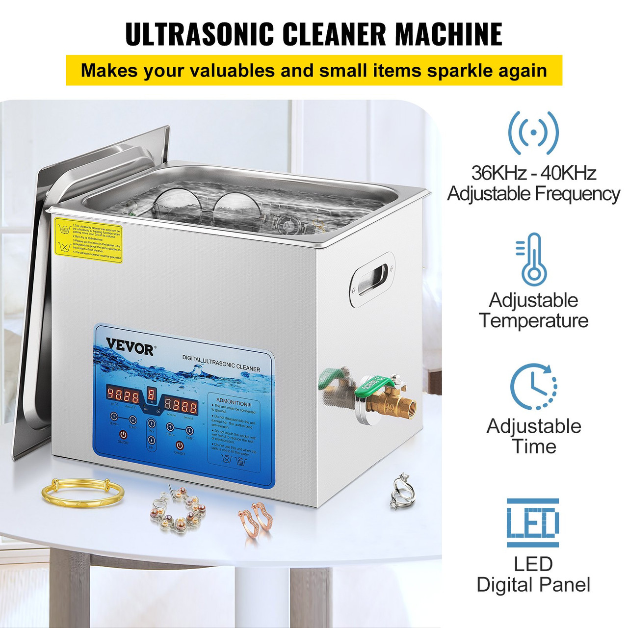 Ultrasonic Cleaner, 36KHz~40KHz Adjustable Frequency, 10L 110V, Ultrasonic Cleaning Machine w/Digital Timer and Heater, Lab Sonic Cleaner for Jewelry Watch Eyeglasses Coins, FCC/CE/RoHS Listed