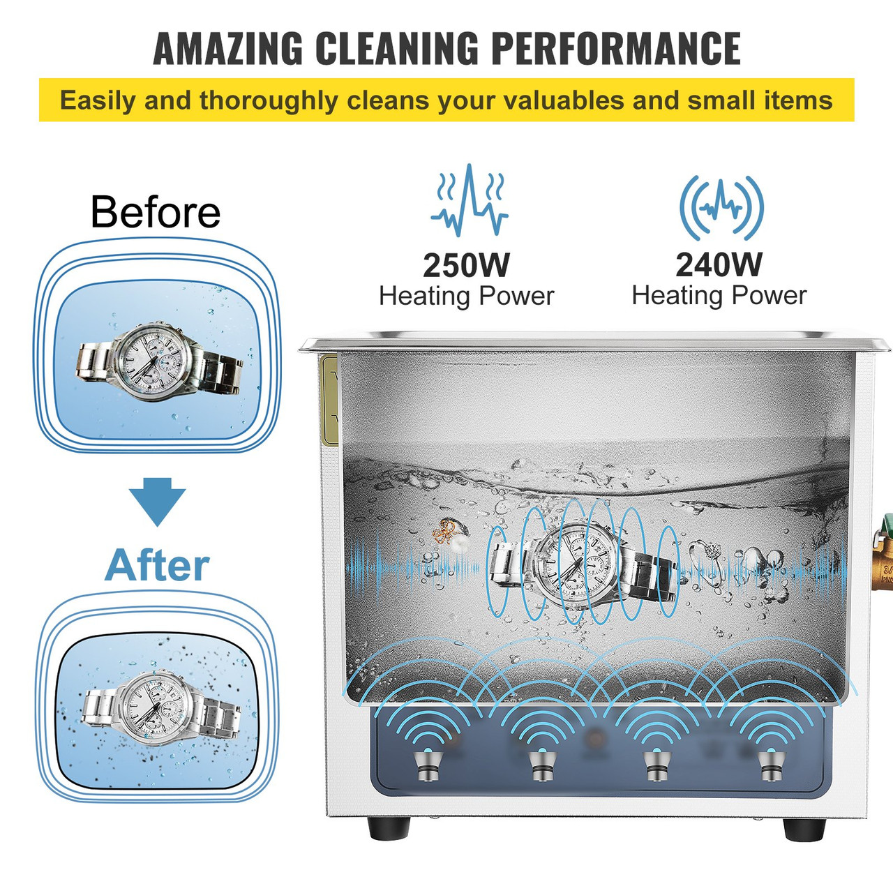 2.6 Gal Ultrasonic Cleaner 240W 40kHz Stainless Steel Bath Lab Washer