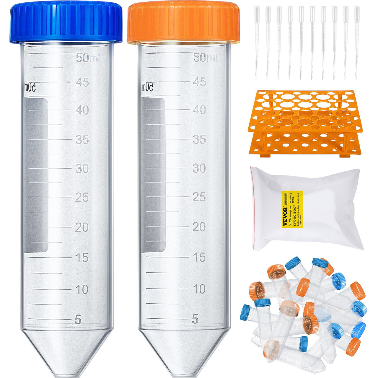 Conical Centrifuge Tubes 50mL, 500Pcs Sterilized Graduated Conical Tubes DN/RNase Free Centrifuge Tubes with Screw Cap for Sample Storage & Separate, Write Mark & Rack Include,Blue & Orange