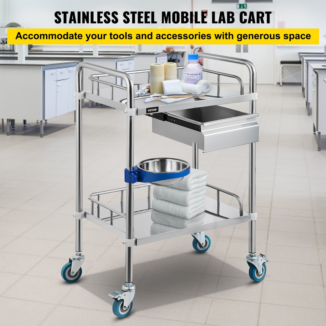 Lab Cart 2 Layers Dental Cart with 1 Drawer Stainless Steel Cart 1 Refuse Basin Lab Utility Cart w/Silent Omnidirectional Wheels Stainless Utility Cart for Laboratory Hotel Restaurant Home Use