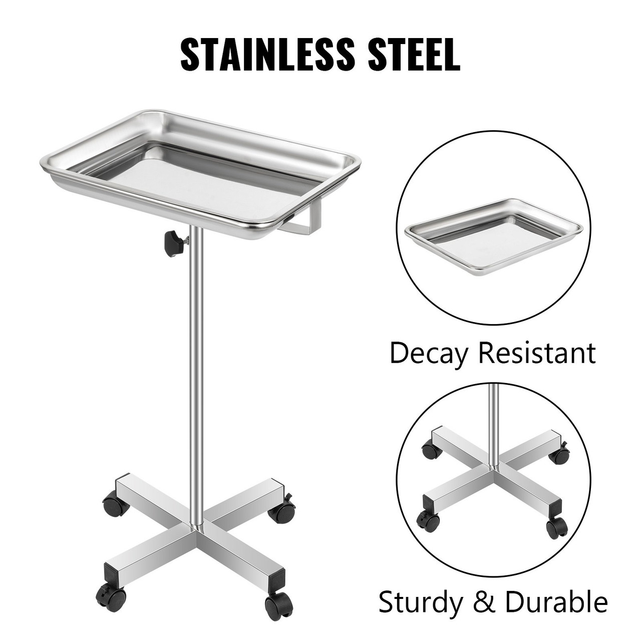 Mayo Tray Stainless Steel Mayo Stand 18x14 Inch Trolley Mayo Tray Stand Adjustable Height 32-51 Inch Instrument Tray w/ Removable Tray & 4 Omnidirectional Wheels for Home Equipment Personal Care