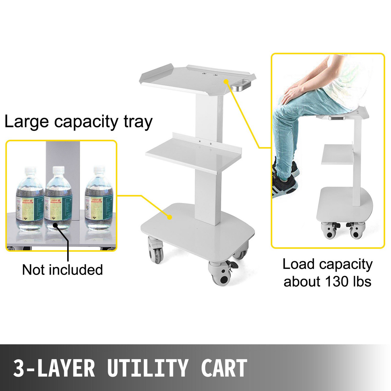 3 Trays Utility Cart 3-Layer Trolley Heavy Duty Lab Dental Rolling Utility Cart with 4 PE Wheels 2 of which can be Locked for Fixing Heavy-Duty with 33Lb Load Capacity