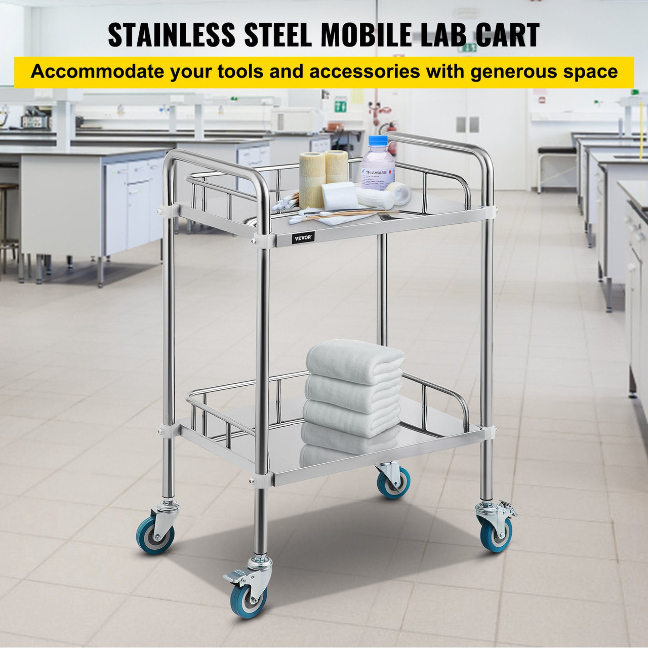 2-Shelf lab cart with Wheels Stainless Steel Rolling cart Lab Cart Utility Cart with high-Polish Stainless Steel 2 Lockable Wheels for Fixing