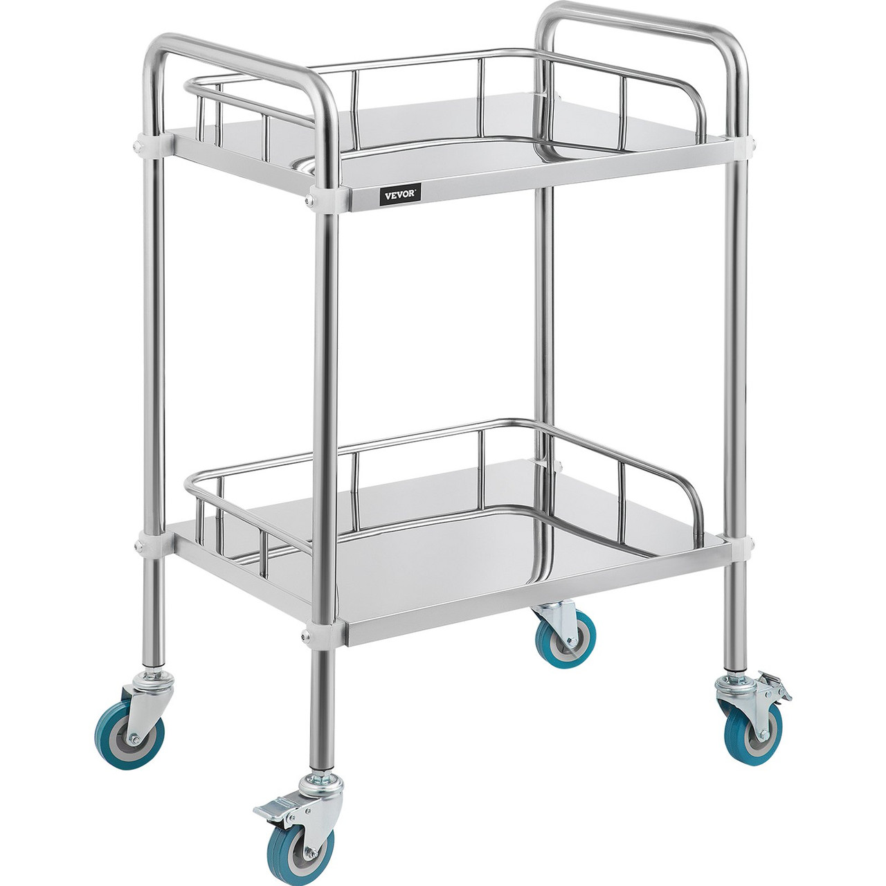 2-Shelf lab cart with Wheels Stainless Steel Rolling cart Lab Cart Utility Cart with high-Polish Stainless Steel 2 Lockable Wheels for Fixing