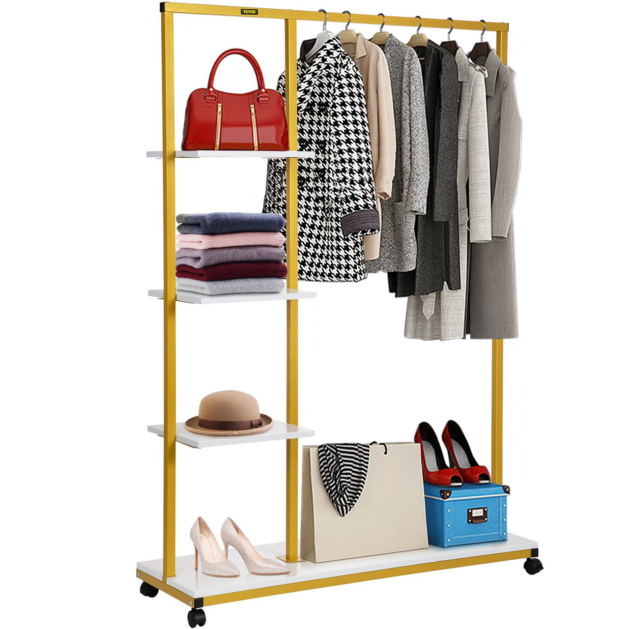 Clothing Garment Rack, 39.4"x14.2"x59.1", Heavy-duty Clothes Rack w/ Bottom Shelf & Extra 3 Side Shelves, 4 Swivel Casters, Rolling Clothes Organizer for Laundry Room Retail Store Boutique, Gold