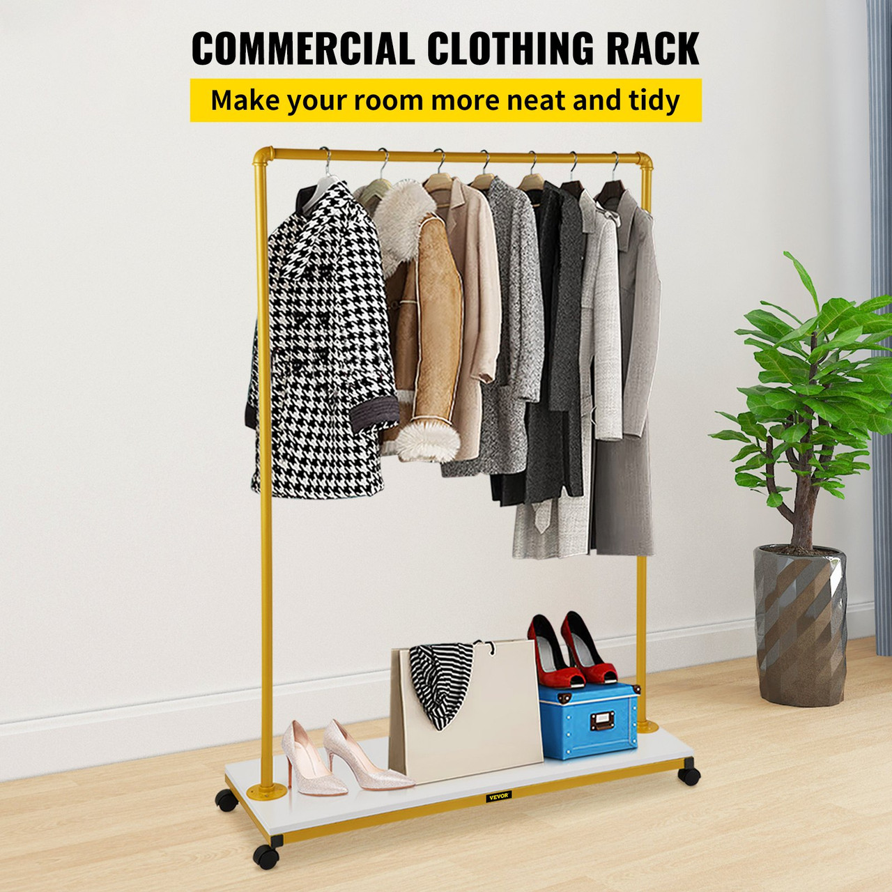 Clothing Garment Rack, 39.4"x14.2"x59.1", Heavy-Duty Clothes Rack w/Bottom Shelf, 4 Swivel Casters, Sturdy Steel Frame, Rolling Clothes Organizer for Laundry Room Retail Store Boutique, Gold