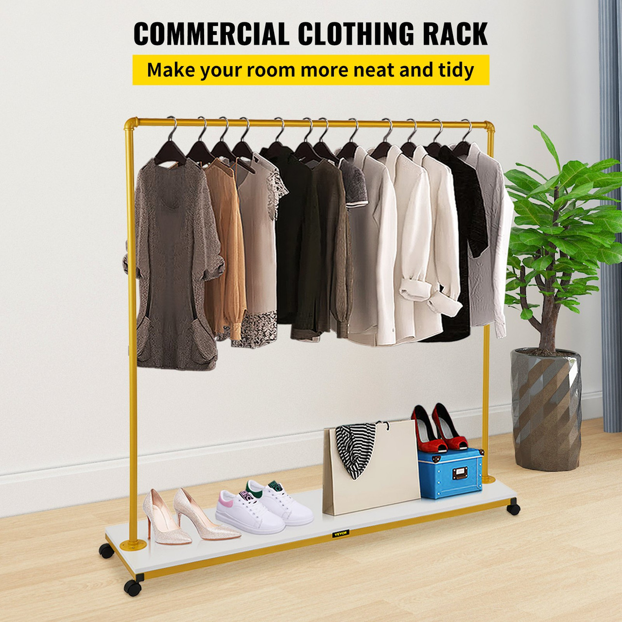 Clothing Garment Rack, 59.1" x 14.2" x 63", Heavy-Duty Clothes Rack w/Bottom Shelf, 4 Swivel Casters, Sturdy Steel Frame, Rolling Clothes Organizer for Laundry Room Retail Store Boutique, Gold