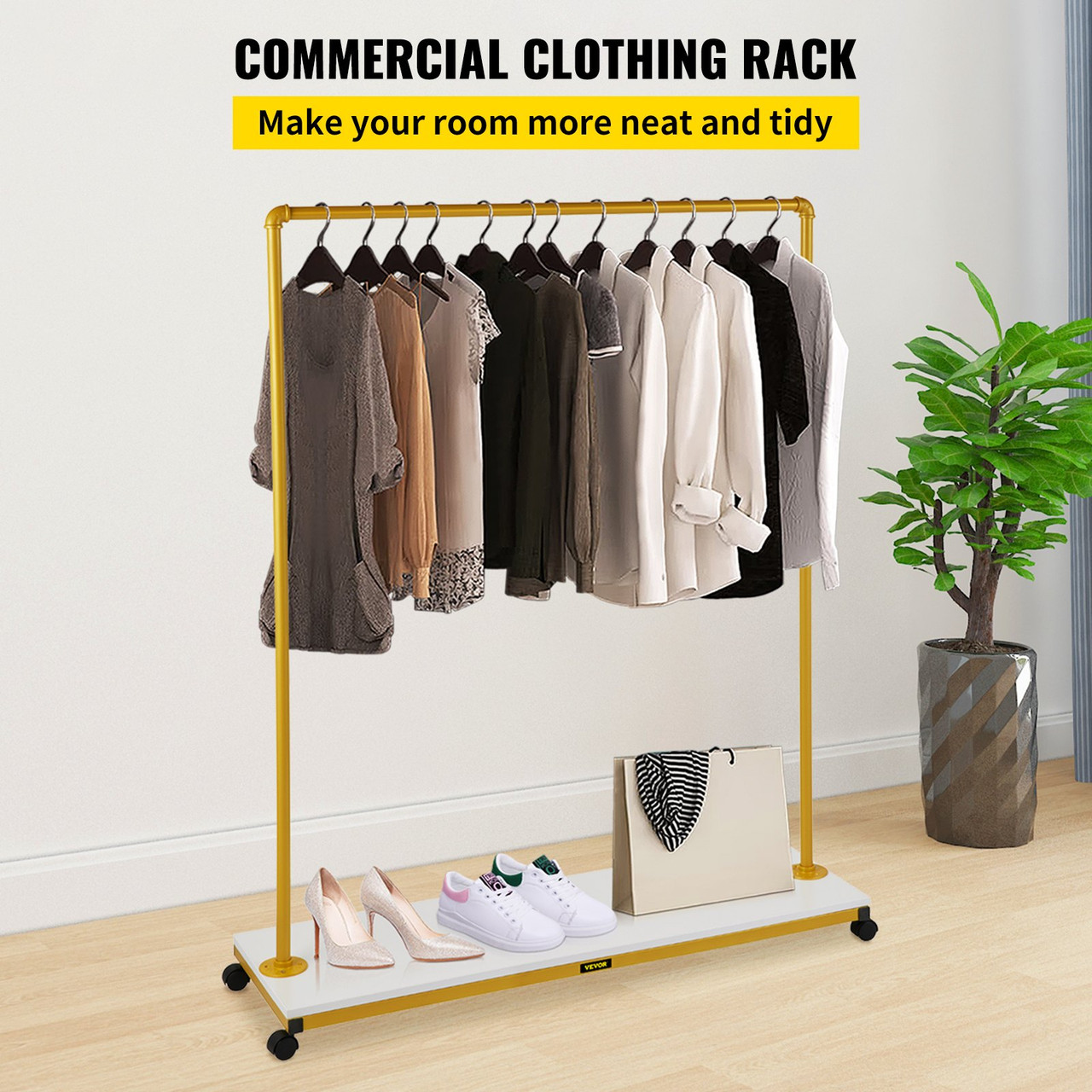 Clothing Garment Rack, 47.2"x14.2"x63.0", Heavy-Duty Clothes Rack w/Bottom Shelf, 4 Swivel Casters, Sturdy Steel Frame, Rolling Clothes Organizer for Laundry Room Retail Store Boutique, Gold