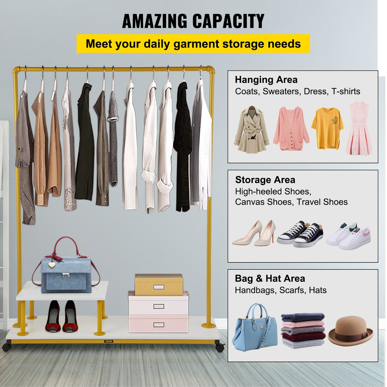 Clothing Garment Rack, 47.2"x14.2"x63.0", Heavy-Duty Clothes Rack w/Bottom Shelf & Side Shelf, 4 Swivel Casters, Sturdy Steel Frame, Rolling Clothes Organizer for Retail Store Boutique, Gold