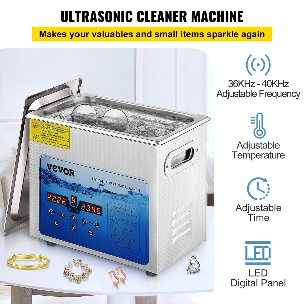 Ultrasonic Cleaner, 36KHz~40KHz Adjustable Frequency, 3L 110V, Ultrasonic Cleaning Machine w/Digital Timer and Heater, Lab Sonic Cleaner for Jewelry Watch Eyeglasses Coins, FCC/CE/RoHS Listed