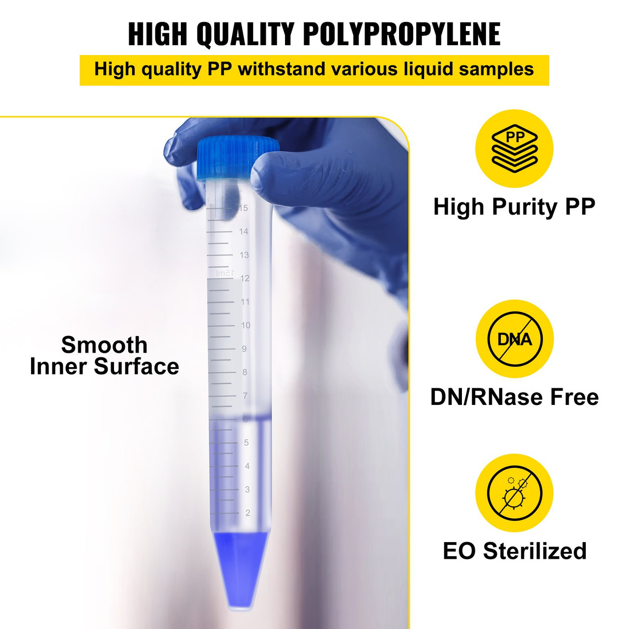 Conical Centrifuge Tubes, 15mL, 500Pcs PP Graduated Container w/ Leak-proof Screw Cap, Write Mark & Test Tube Rack, DN/RNase Free, for Lab Sample Storage & Separate, Blue & Orange