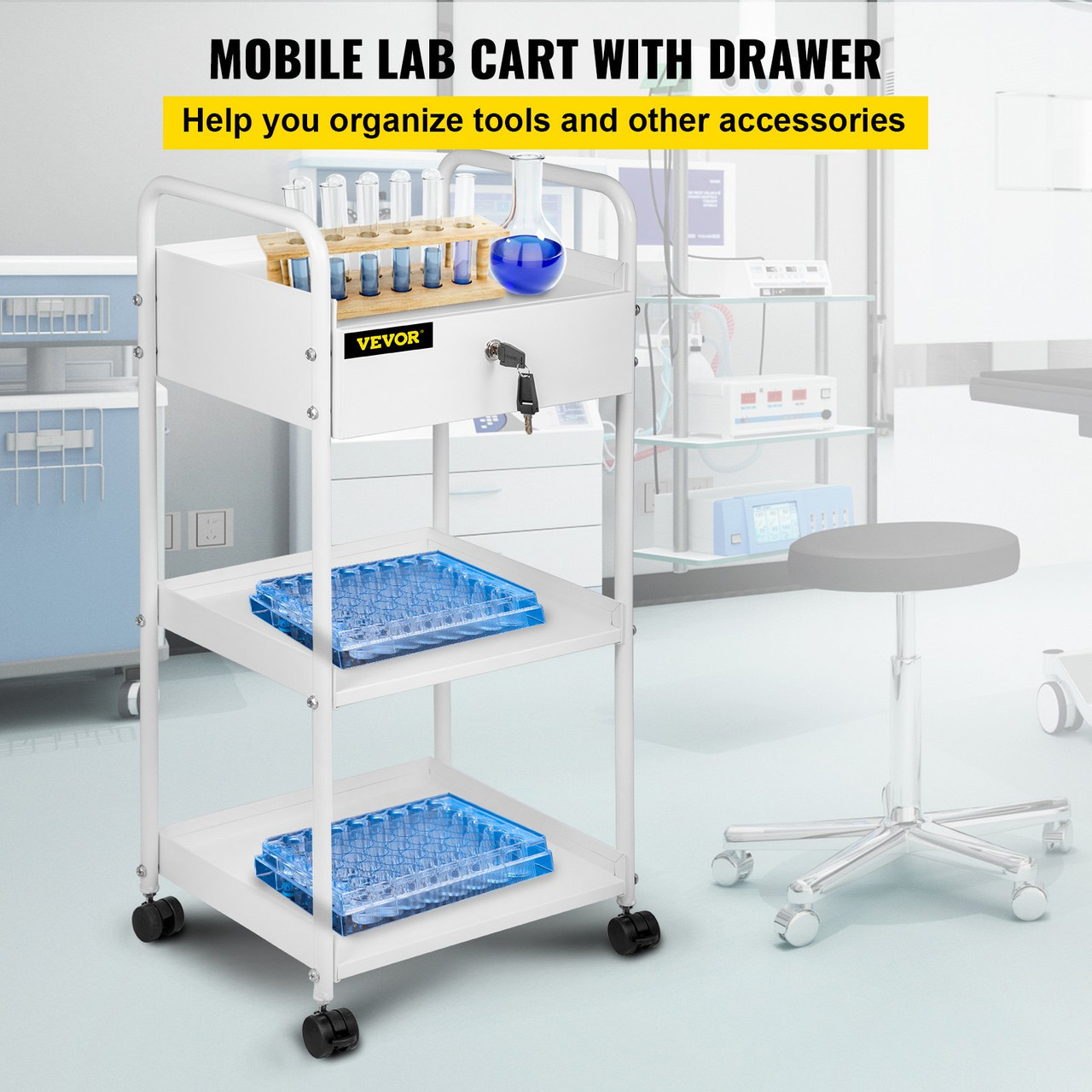 Lab Cart, 3 Tiers Lab Trolley, Steel Lab Utility Cart, 360ø Rolling Lab Cart, Locking Drawer Stainless Steel Lab Cart, Iron Frame Laboratory Cart, White Paint Lab Serving Cart for Laboratory