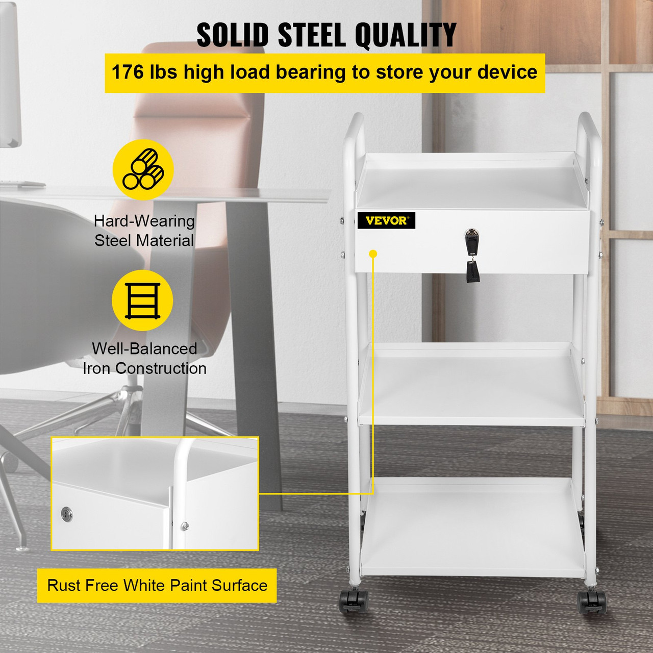 Lab Cart, 3 Tiers Lab Trolley, Steel Lab Utility Cart, 360Ã¸ Rolling Lab Cart, Locking Drawer Stainless Steel Lab Cart, Iron Frame Laboratory Cart, White Paint Lab Serving Cart for Laboratory