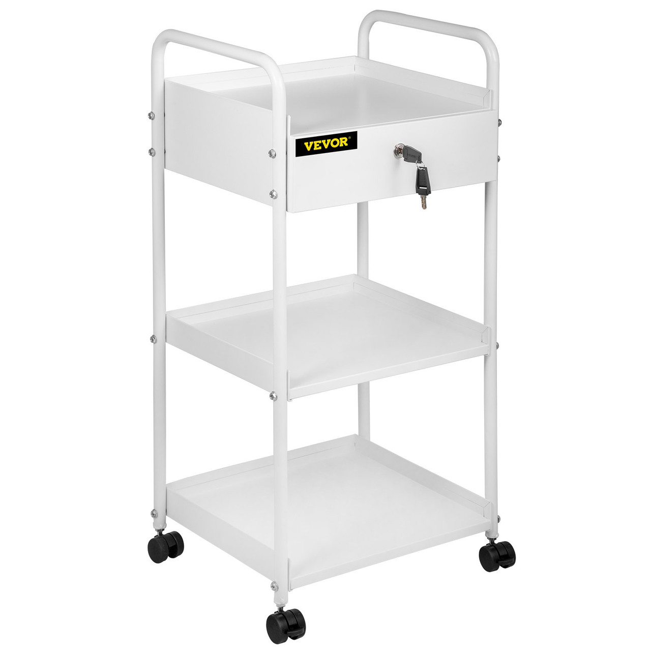Lab Cart, 3 Tiers Lab Trolley, Steel Lab Utility Cart, 360Ã¸ Rolling Lab Cart, Locking Drawer Stainless Steel Lab Cart, Iron Frame Laboratory Cart, White Paint Lab Serving Cart for Laboratory