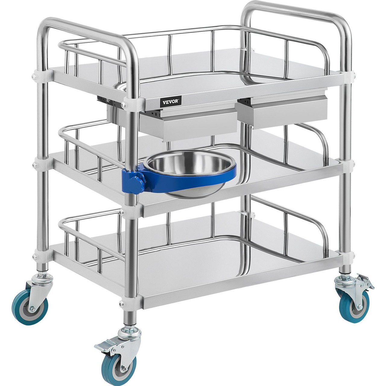 Lab Cart 3 Layers Double Drawers Medical Cart with Wheels 1 Refuse Basin Stainless Steel Cart Service Cart for Laboratory, Hospital, Dental, Restaurant Hotel and Home Use (Large)