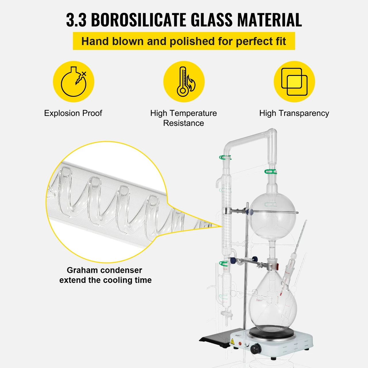 2L Essential Oil Distillation Apparatus Lab Glassware Distillation Kit Water Distiller Purifier with Hot Stove Condenser S35 & 24 or 40 Joint