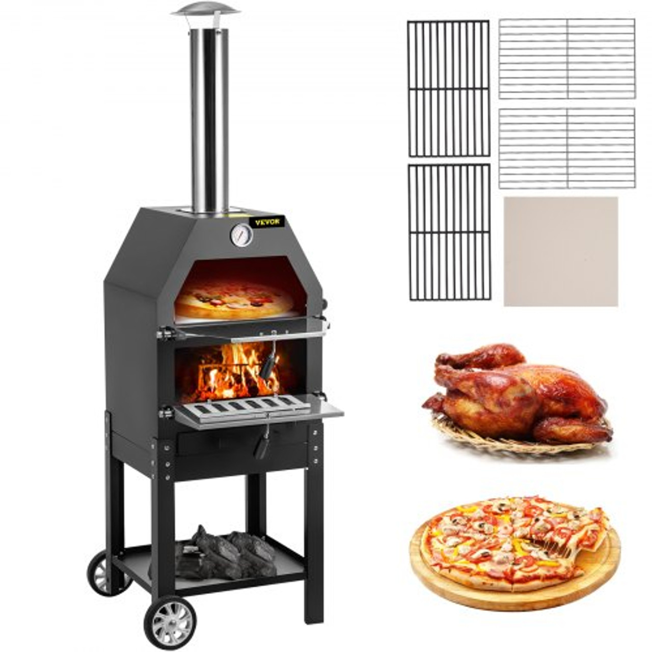 Outdoor Pizza Oven, 12" Wood Fire Oven, 2-Layer Pizza Oven Wood Fired, Wood Burning Outdoor Pizza Oven w/ 2 Removable Wheels, Wood Fired Pizza Maker Ovens w/ 900? Max Temperature for Barbecue