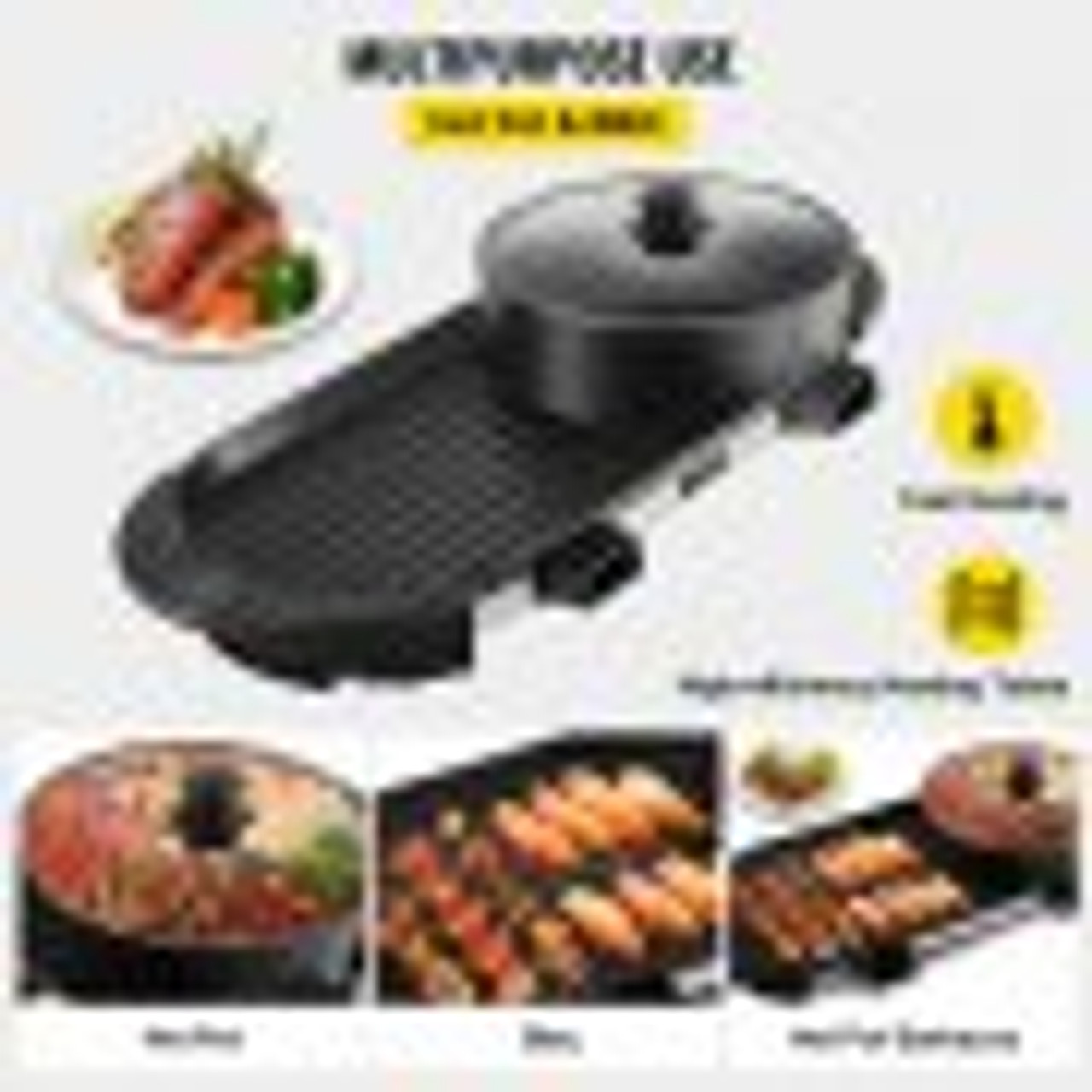 2 in 1 BBQ Grill and Hot Pot with Divider, Aluminum Alloy Electric BBQ Stove Hot Pot, Separate Dual Thermostat Teppanyaki Grill Pot with 5 Speed, for Family Dinner Friends Party Black