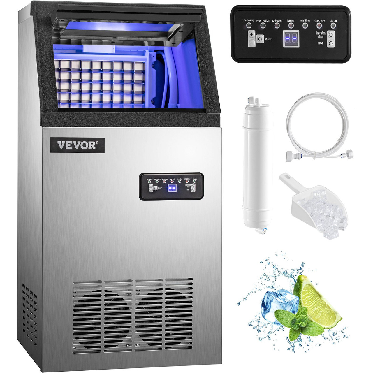 Commercial Ice Maker Machine, 88LBS/24H Stainless Steel Automatic Ice Machine with 22LBS Storage for Restaurants Bars Cafe, Scoop Connection Hoses Included