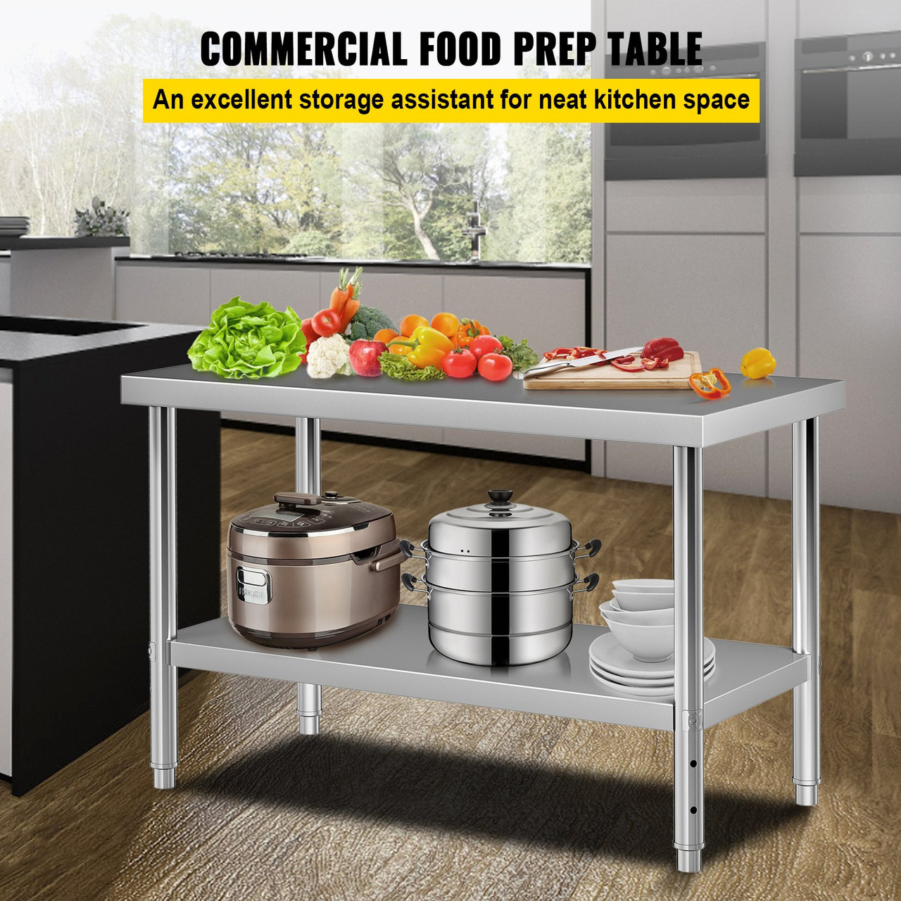 Stainless Steel Prep Table, 48 x 24 x 34 Inch, 550lbs Load Capacity Heavy Duty Metal Worktable with Adjustable Undershelf, Commercial Workstation for
