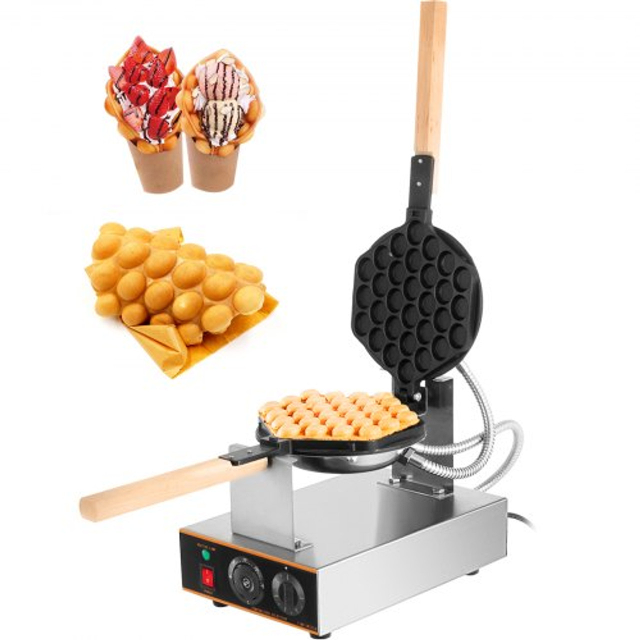 Commercial Bubble Waffle Maker, 1400W Egg Bubble Puff Iron w/ 180ø Rotatable 2 Pans & Wooden Handles, Stainless Steel Baker w/ Non-Stick Teflon Coating, 50-250?/122-482? Adjustable