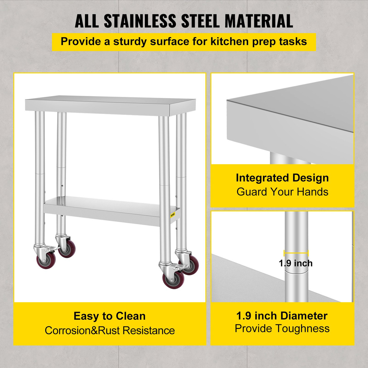30x12x34 Inch Stainless Steel Work Table 3-Stage Adjustable Shelf with 4 Wheels Heavy Duty Commercial Food Prep Worktable with Brake for Kitchen Prep Work