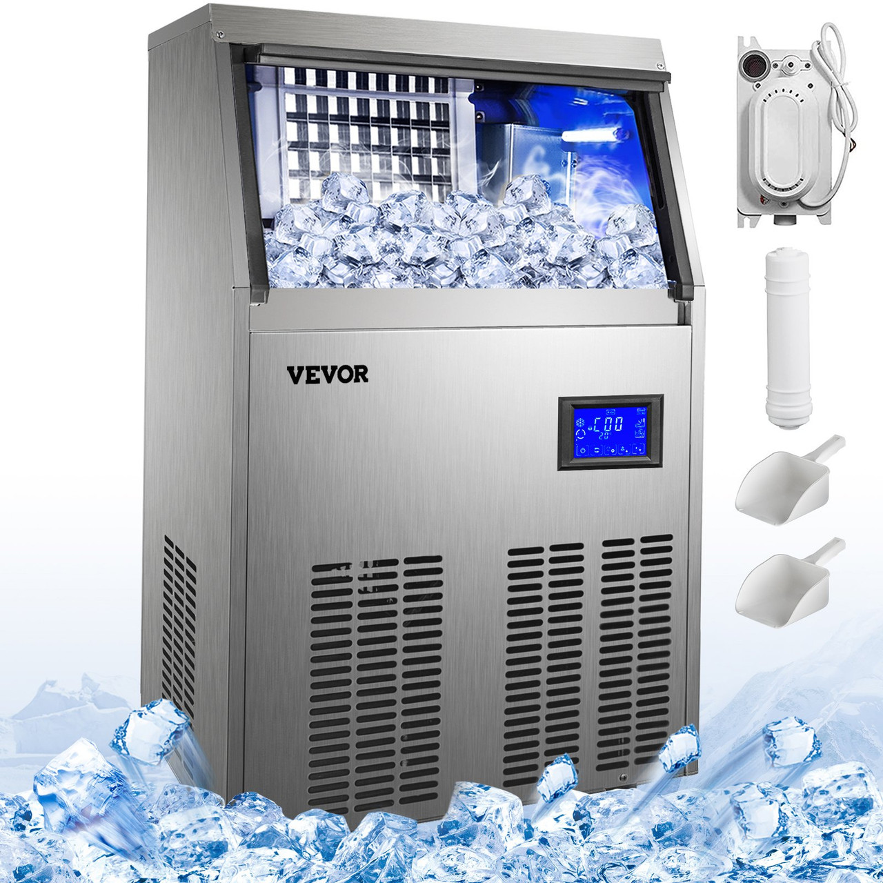 110V Commercial Ice Maker 110 LBS in 24 Hrs with Water Drain Pump 33LBS Storage Stainless Steel Commercial Ice Machine 4x9 Ice Tray LCD Control Auto Clean for Bar Home Supermarkets