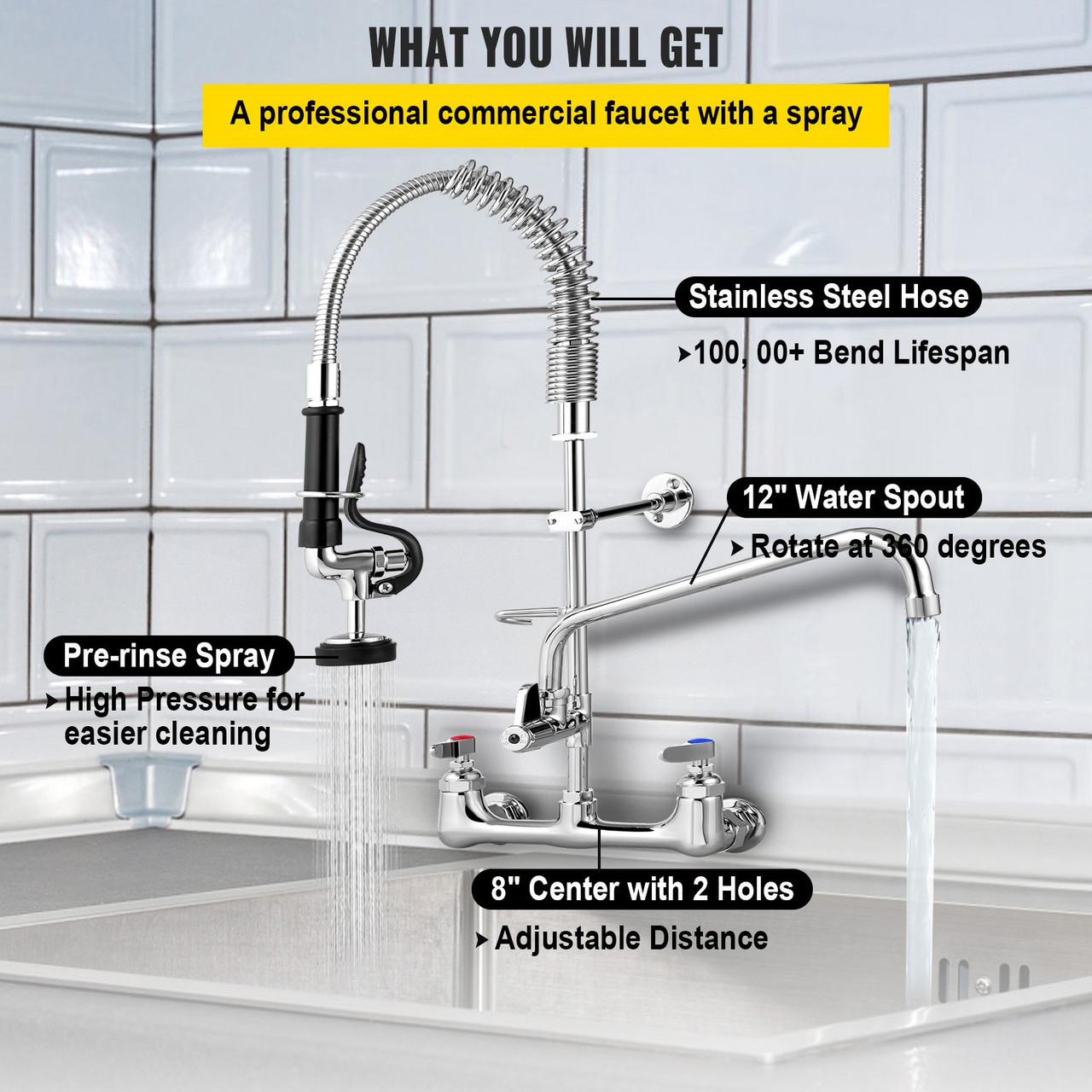 Commercial Faucet with Pre-Rinse Sprayer, 8" Adjustable Center Wall Mount Kitchen Faucet with 12" Swivel Spout, 21" Height Compartment Sink Faucet for Industrial Restaurant, Lead-Free Brass