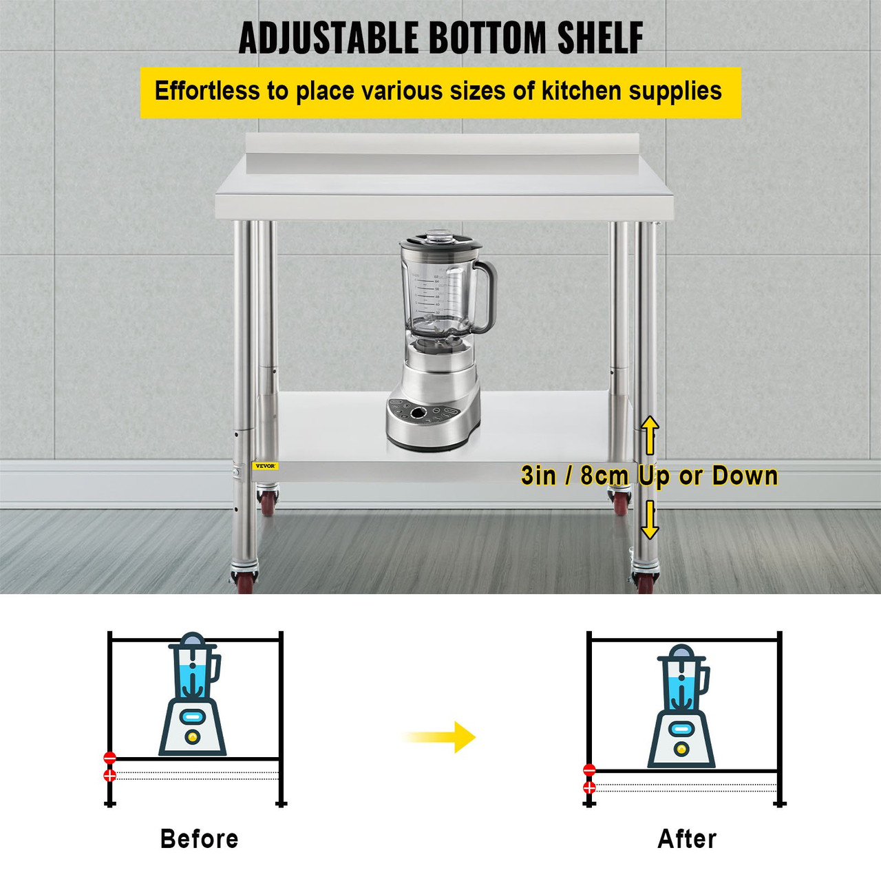 Stainless Steel Prep Table, 30 x 24 x 35 Inch, 440lbs Load Capacity Heavy Duty Metal Worktable with Backsplash Adjustable Undershelf & 4 Casters, Commercial Workstation for Kitchen Restaurant