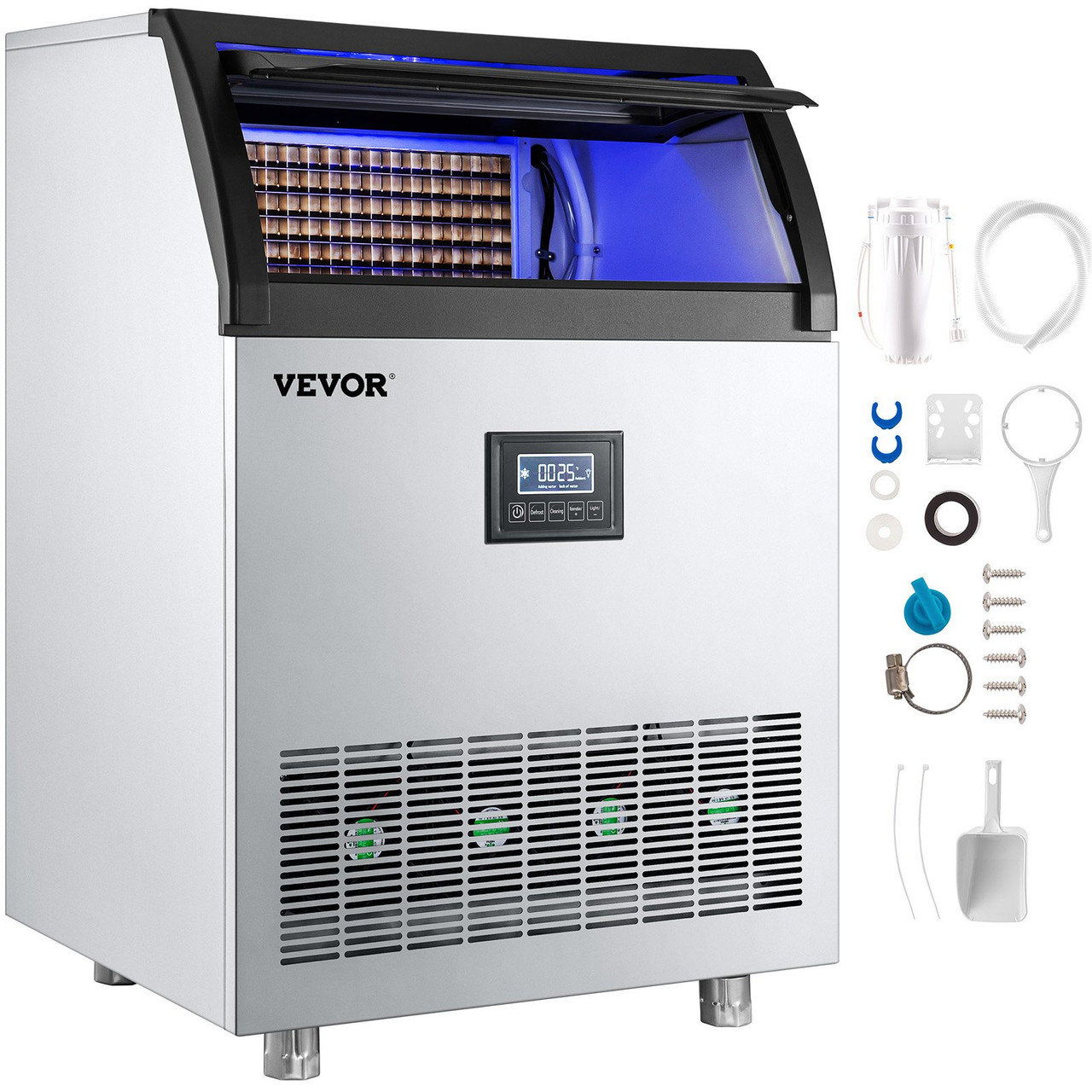 110V Commercial Ice Maker Machine 265LBS/24H, 750W Stainless Steel Ice Machine with 55LBS Storage Capacity, 126 Ice Cubes Ready in 11-15Mins, Includes Water Filter and Connection Hose