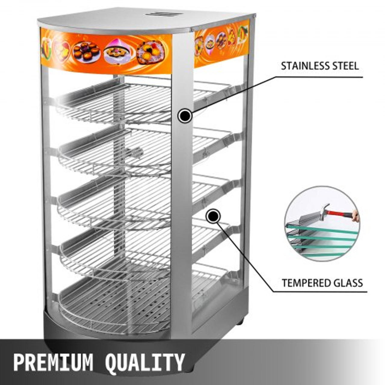 110V 14.2-Inch Commercial Food Warmer Display, 5-Tier 800W Electric Pizza Warmer Display 86-185?, Tempered-Glass Door Pastry Display Case, Restaurant Heated Cabinet, with 1 Trays & 1 Bread Tong